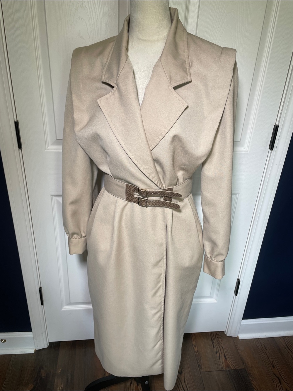 Vtg Pedestal Trench Wrap Dress ✨ Neutral 80s Secretary Office Siren Midi Size 8